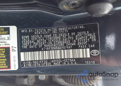 2016 Toyota Camry Se из США, поврежденный, VIN 4T1BF1FK5GU167667